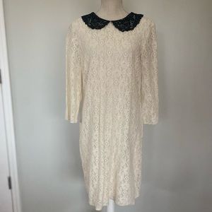 Chelsea & Violet Cream Lace Long Sleeve Sheath Dress w Black Lace Collar